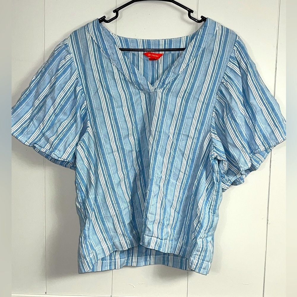 Joe Fresh 100% Cotton Popover Flutter Puff Short Sleeve Seaside Stripe Top Large